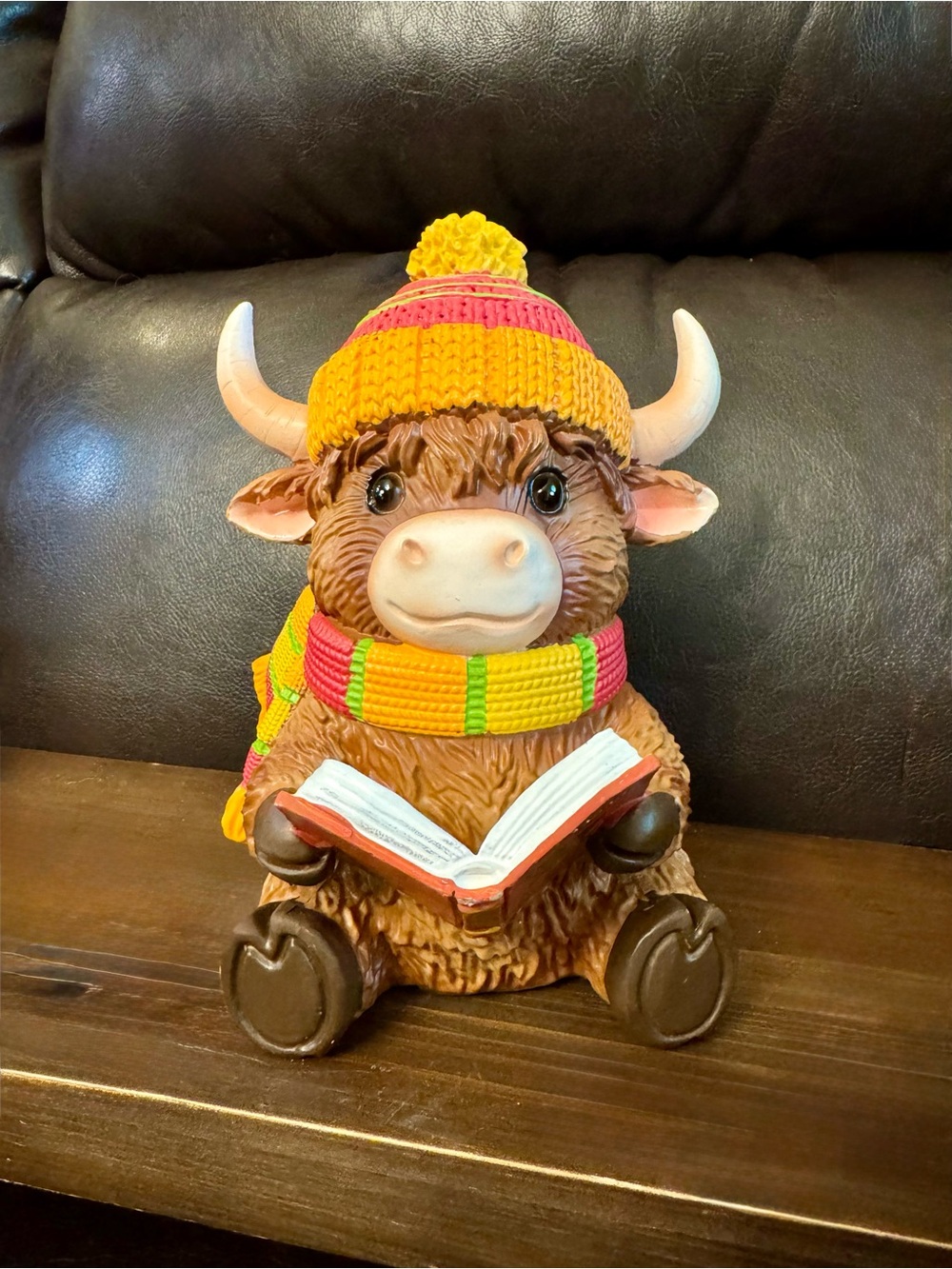 Handsome Highland Cow Figurine with Knit Hat & Scarf